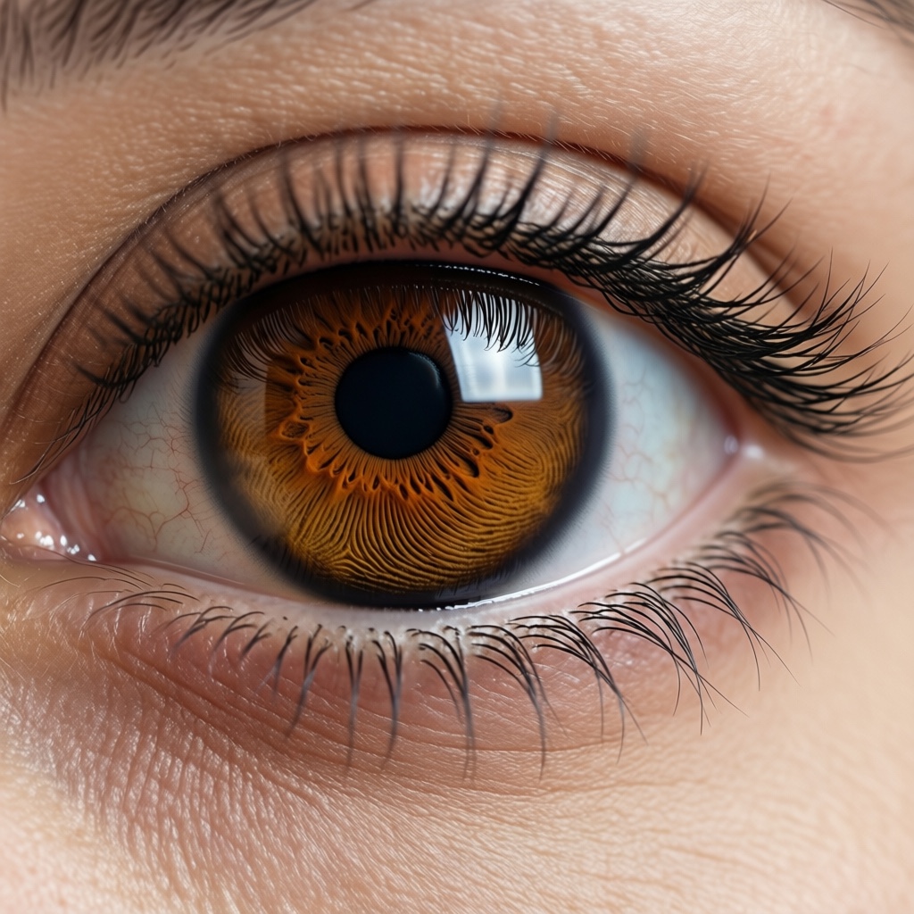 Original model output: a close-up amber eye with fine radial iris texture, a round pupil and a window reflection.