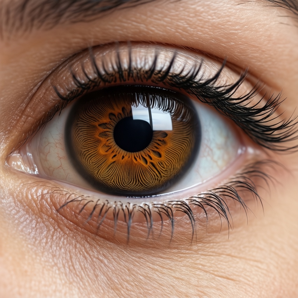 ByteShape model output: a close-up amber eye with coarser iris texture and a changed pupil edge beside the window reflection.