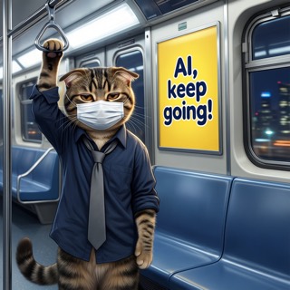 Anthropomorphic cat holding a subway handrail, generated from the curated prompt set