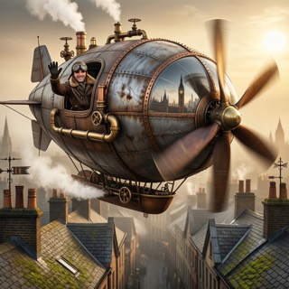 Steampunk aircraft above a Victorian rooftop, generated from the curated prompt set