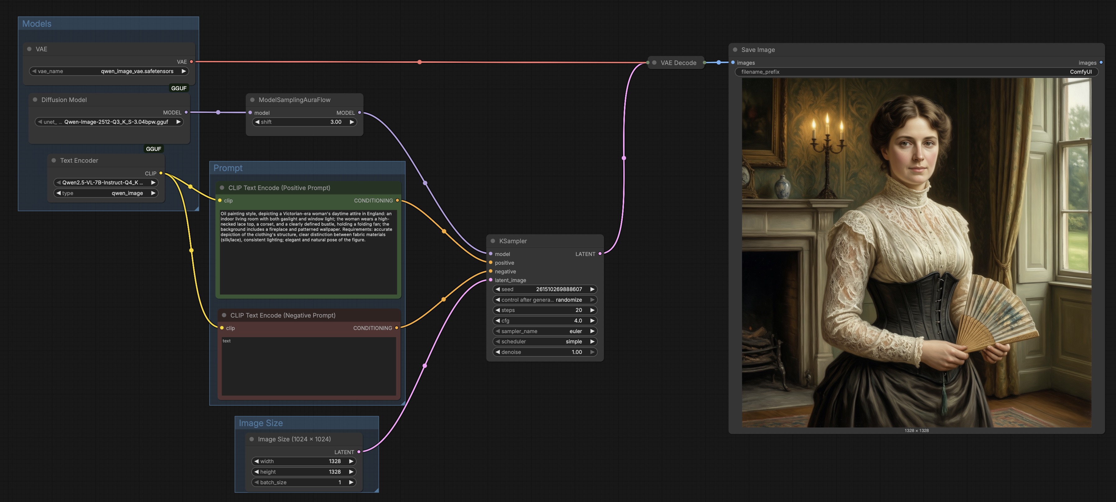 The ByteShape Qwen-Image-2512 workflow loaded in ComfyUI, showing the Models, Prompt, and Image Size groups on the left, the sampler in the centre, and the generated image in the Save Image node on the right